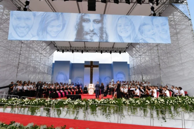 Pope Francis addresses young people at Lokomotiva Stadium in Košice, Slovakia, Sept. 14, 2021